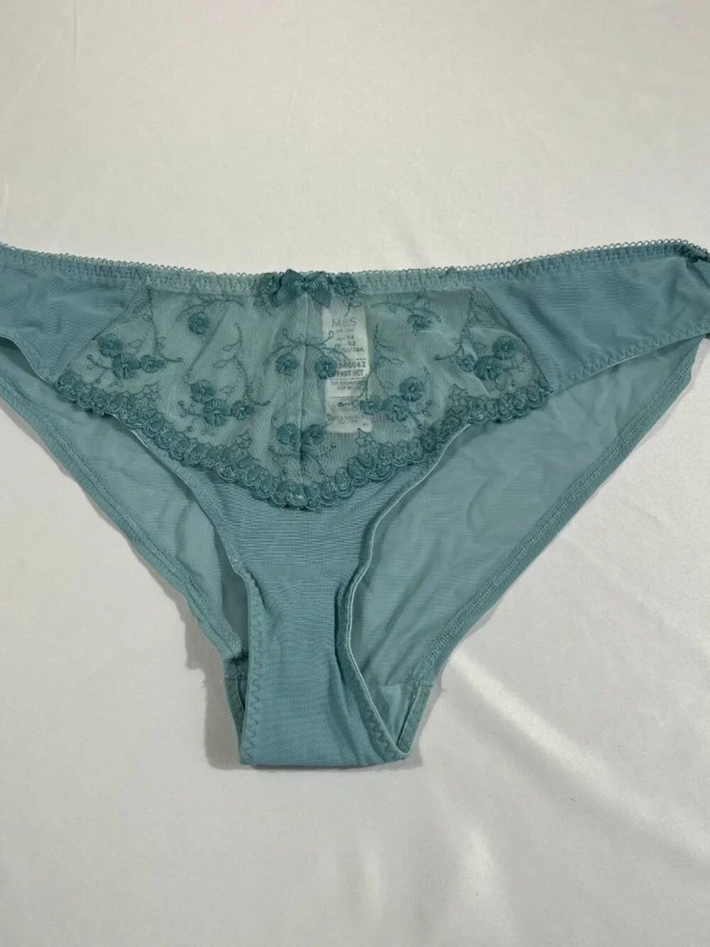 M&S Blue Floral Lace‎ Embroidery Bra & Knickers Lingerie Set 36DD UK 14